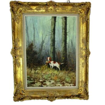 Oil Painting Flemish School Andries Lebeuf Hunt Forest Wood Plaster Frame