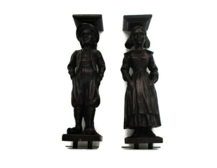French breton Pair Corbels Hand Carved Wood Panels Architectural reclaimed Peasant Figurines Antique Impressive