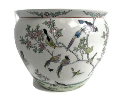 Large Vintage Chinese Porcelain Enamel Famille Rose Koi Fish Bowl Planter Vase Birds 10.23" H 12" D