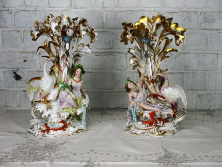 Stunning Pair Large Antique Vieux Paris Porcelain Flair Cornet Vases Roman Myth