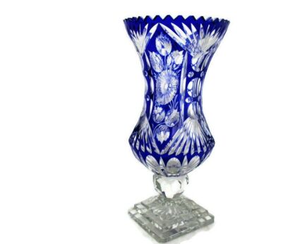 Crystal Cobalt Blue Clear to Cut Bowl Vase Dot Star Beautiful VSL Style 13.77"
