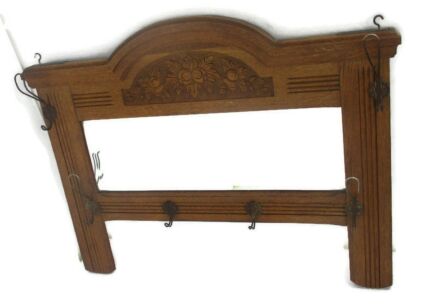 Antique Gorgeous Large Beveled Glass Mirror Hand Carved Wood Coat Rack WOW Hallway Art Deco