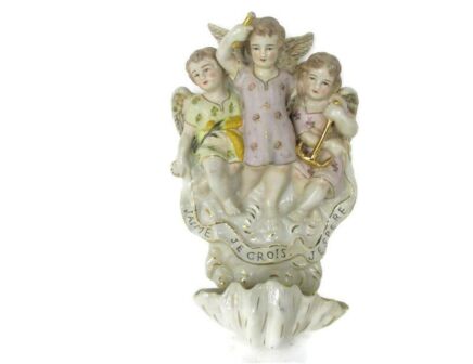 XL Holy Water Font Vessel Angels Porcelain Marked J'aime Je crois J'espere 11"