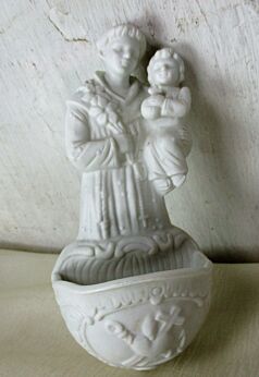 Antique Holy Water Font Porcelain Bisque Wall Hanging Vessel HTF Saint Anthony