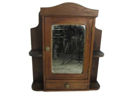 Vintage Wood Inlay Kitchen Apothecary Medicine Cabinet Beveled glass mirror