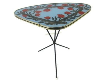 Vintage Small Side Coffee Table Plant stand Tripod Pop Art Flowers Funky  HTF Blue Rare