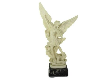 Small statue Figurine Archangel Michael slaying the Dragon White Resin on Marble Base 9.05"