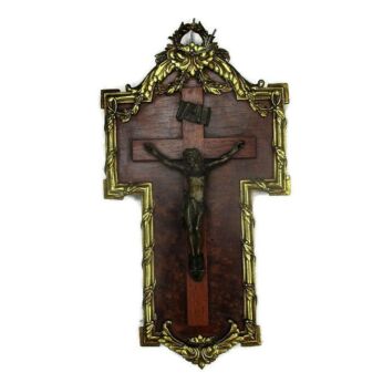 Antique Hanging Crucifix Walnut Ornate Bronze Jesus Christ Art Deco 15.74"