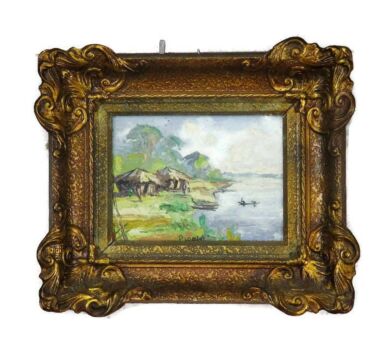 Vintage Oil Painting African Landscape Signed Ornate Wood Plaster Frame