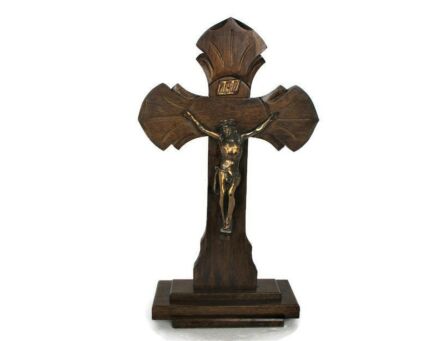Standing Crucifix Cross Corpus Christi Hand Carved Wood Copper Corpus Art Deco