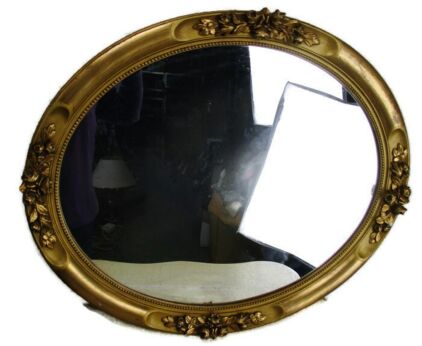 Wall Hanging Oval Mirror Ornate Flowers Plaster Wood Hollywood Regency Vanity