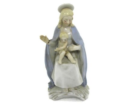Porcelain Statue Virgin Mary Sitting Madonna Our Lady Infant Child Jesus on Lap Blue Glazed 6.29"