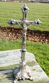 Antique Art Brass Jesus Christ Standing Table Cross Crucifix Blue Stones