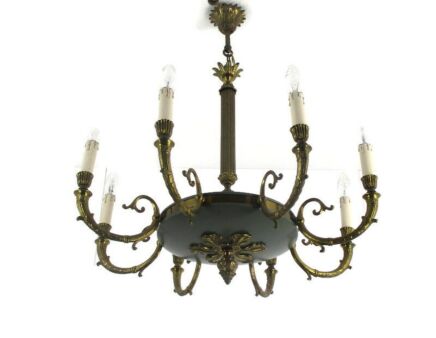 French Empire Pan Chandelier Green Tole 8 arms Lights Vintage Fixture