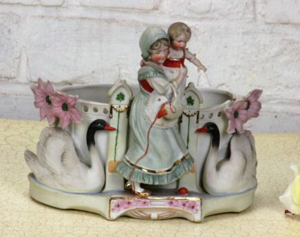 Figurine Swans Woman Child Planter Centerpiece Jardiniere Flowers Porcelain