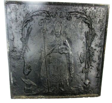 Antique Cast Iron Fire Plate Back Religious St Eligius Elooi Patron Blacksmiths