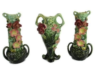 Set of 3 French Barbotine Majolica Vases Planters Centerpiece Pitchers Art Nouveau
