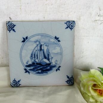 Antique 18th C - 19th C Delft Tile Blue White Marked Dutch Sailing Boat Nautical