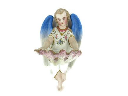 Vintage Holy Water Font Vessel Angel Bisque Porcelain Pastel Beautiful 7.48"