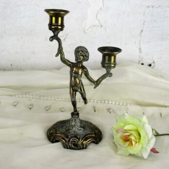 Vintage Embossed Brass Ornate Double Candle Holder Candelabra Putti Cherub