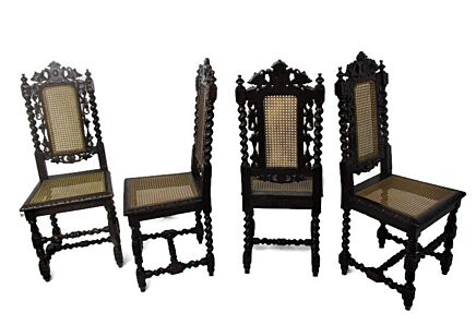 Set of 4 Antique Barley Twist Hand carved Ornate Parlor Chairs Rush seating