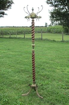 Barley Twist Carved Wood Coat Hat Rack Hall Tree Mid Century Brass Feet Fish