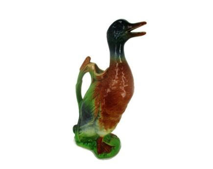 French Majolica Duck Pitcher Vase Decanter Figurine Liquor Sweet Polychrome