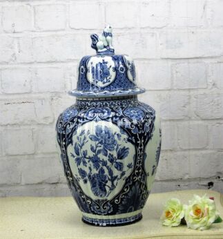 Large Petrus Regout Maastricht Delft Vase Urn Marked Blue White Foo Dog 18"