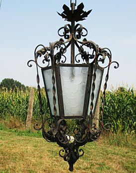 Huge Antique Cut Glass Wrought Cast Iron Lantern Chandelier Impressive 41.73"