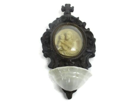 Antique  Holy Water Font Vessel Black Forest Ornate Wood hand Carved St Joseph with Infant