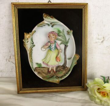 Small Porcelain Wall Plaque Hanging Decoration Bas Relief Bisque Flower Girl