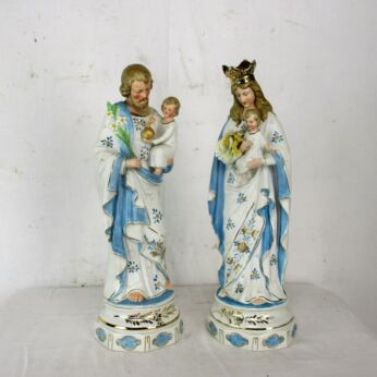 RESERVED LUCRECE ACCOMPTE 3 L Antique Porcelain Virgin Mary Madonna Saint Joseph Infant Statues Soft Blue Pastel