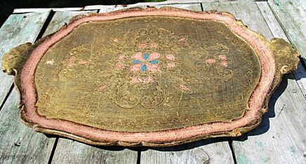 Italian Mid Century Hollywood Regency Florentine Pink Blue Serving Tray gold