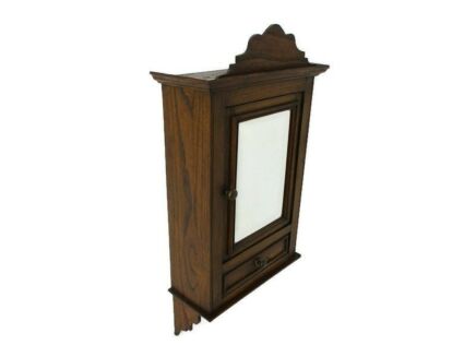 Vintage Wood Kitchen Apothecary Bathroom Wall Cabinet Hooks for Towels Pediment Beveled glass Mirror