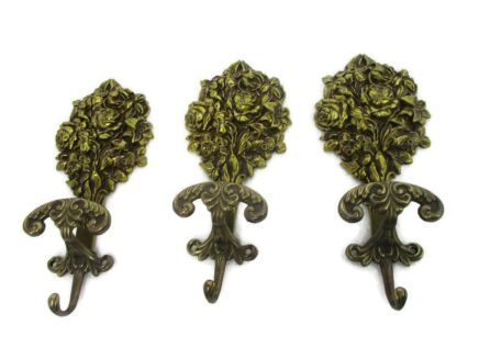 Vintage Brass Hooks Architectural Reclaimed Trims Moldings Furniture set of 3 Italian Flowers