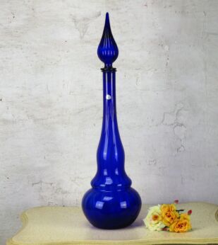 Vintage XL Blue Glass Genie Bottle Stopper Decanter Decorative Murano 24.40"