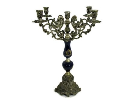 Large Candle Holder Candlestick Candelabra 5 Arm Spelter LImoges Style Blue Porcelain  Impressive  WOW