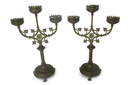 Couple Pair Brass Hollywood regency Floral Candle Holders Candelabra 3 arm