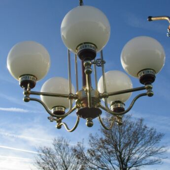 Vintage 1960s Brass Chandelier 5 White Glass Globe Shades Sputnik Atomic