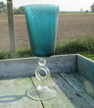 Vintage Blue Chalice Vase Glass Foot Bubbles Very special 11.81"