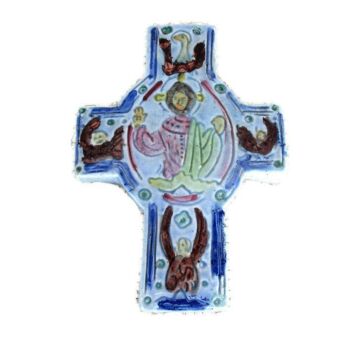 French Wall Hanging Crucifix Ceramic Mid Century Modernist Evangelists HTF