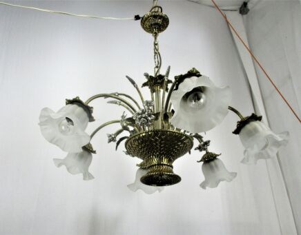 Hollywood Regency Chandelier 6 Lights Brass Flowers Leafs Basket Flower Shades