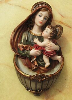 Vintage Holy Water Font Epoxy Resin Virgin Mary Baby Jesus Mother and Child