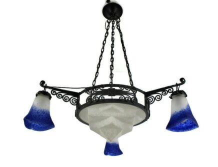 Art Nouveau Deco French Pate de Verre Chandelier Glass paste Wrought Iron WOW