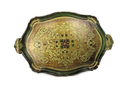 Large Mid Century Italy Hollywood Regency Florentine Serving Tray Green Gold Wood Decoration Ornate