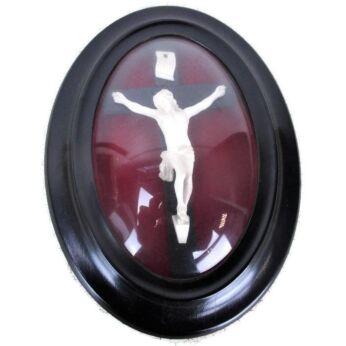 Antique Small Oval Wood Frame Red Velvet Convex Glass Bisque Corpus Andenne