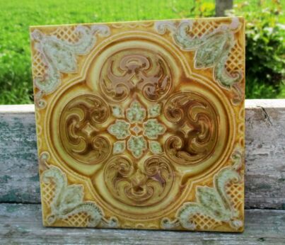 Vintage Ceramic Tile Mustard Green La Campanella Italy Marked