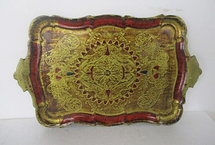 Mid Century Italy Hollywood Regency Florentine Serving Tray Red Gold Wood Decoration Ornate
