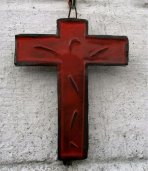 Mid Century Design Ceramic Modernist Red Glazed Crucifix era Perignem