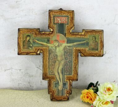 Florentine Wood San Damiano Style Wall Hanging Crucifix Jesus Christ Gold Gilt